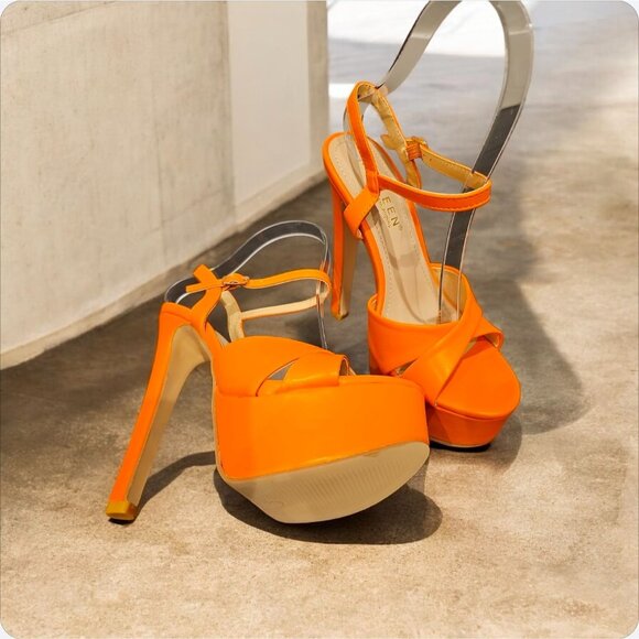 Shoes - Orange Open-Toe Platform High Heels With Ankle Strap